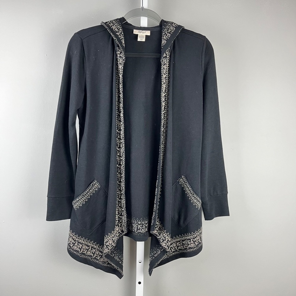 Style & Co Boho Hoodie Womens S Black Embroidered Open Front Cardigan